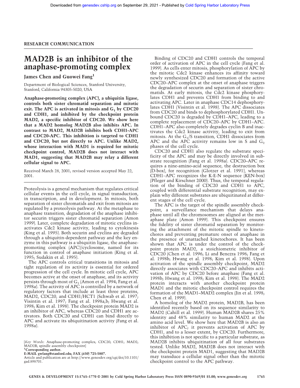 MAD2B Is an Inhibitor of the Anaphase-Promoting Complex