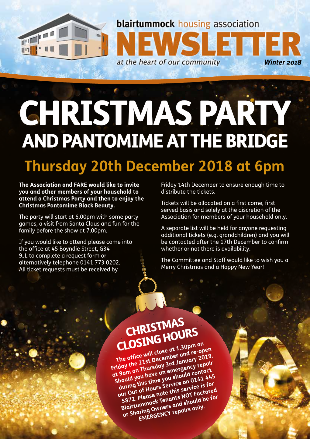 CHRISTMAS PARTY and PANTOMIME at the BRIDGE Thursday 20Th December 2018 at 6Pm