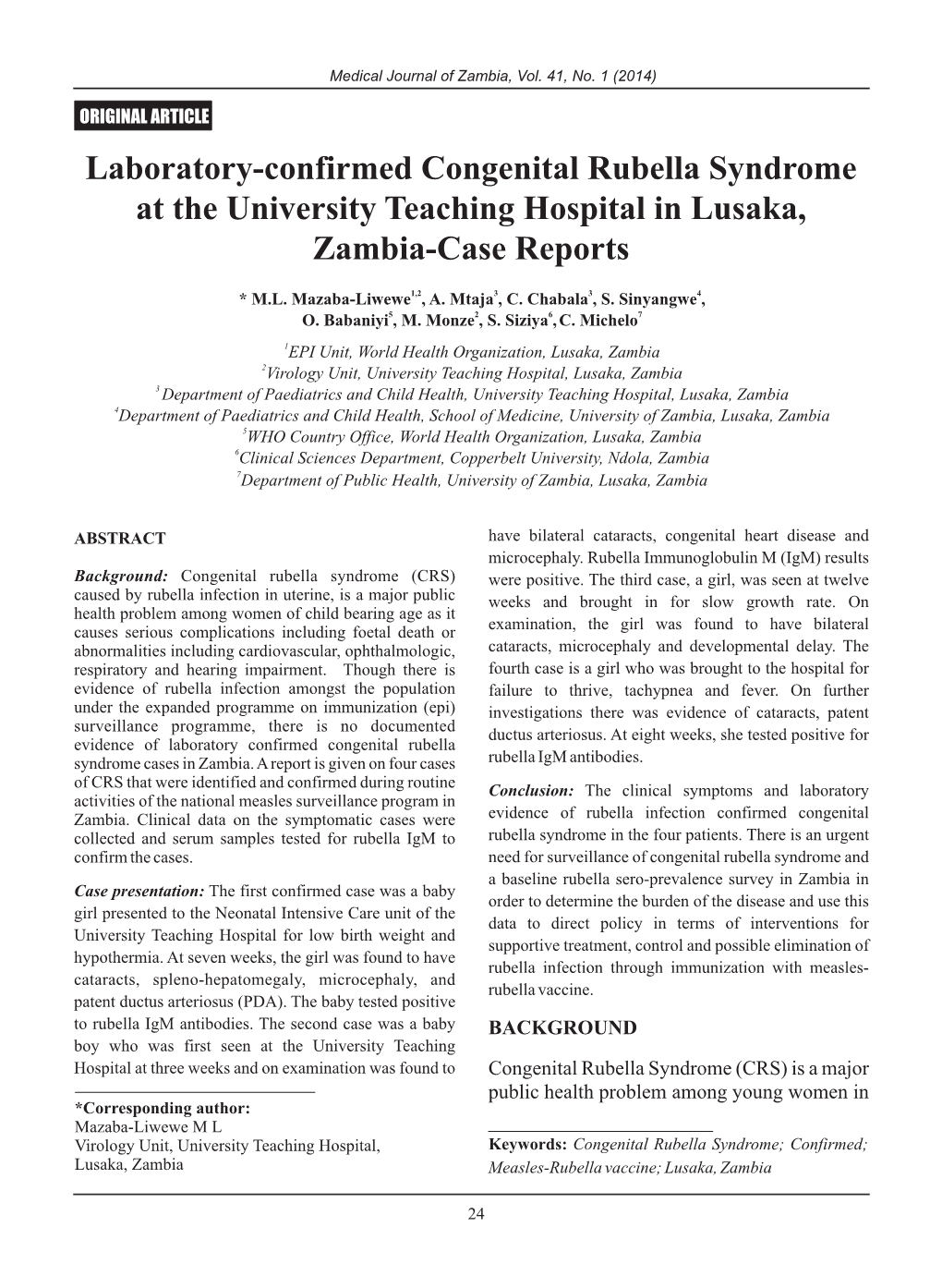 Laboratory-Confirmed Congenital Rubella Syndrome at the University Teaching Hospital in Lusaka, Zambia-Case Reports
