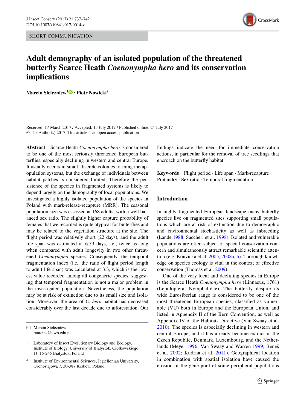 Adult Demography of an Isolated Population of the Threatened Butterfly Scarce Heath Coenonympha Hero and Its Conservation Implications