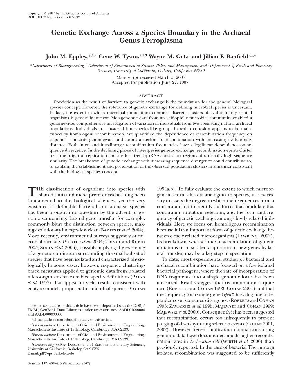 Genetic Exchange Across a Species Boundary in the Archaeal Genus Ferroplasma