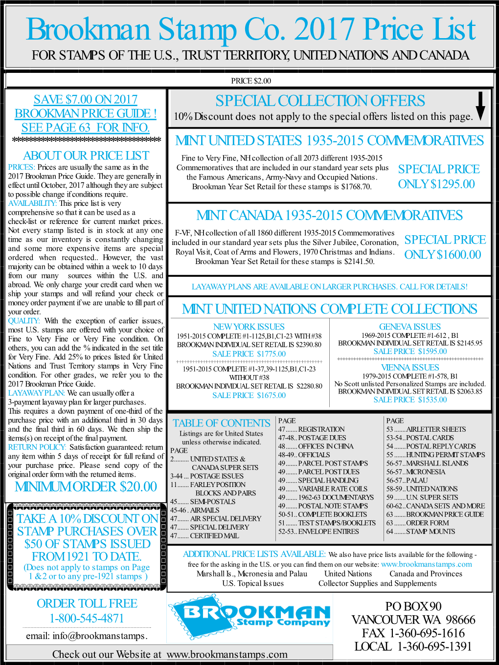 Brookman Stamp Co. 2017 Price List for STAMPS of the U.S., TRUST TERRITORY, UNITED NATIONS and CANADA