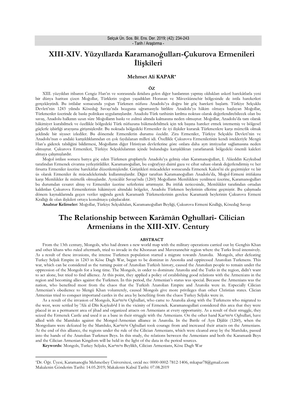 XIII-XIV. Yüzyıllarda Karamanoğulları-Çukurova Ermenileri İlişkileri the Relationship Between Karāmān Oghullari- Cilic