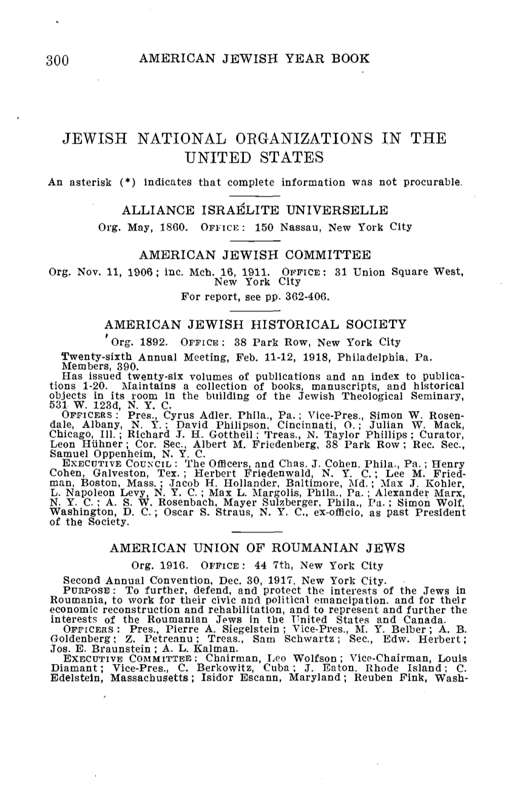 JEWISH NATIONAL OKGANIZATIONS in the UNITED STATES an Asterisk (*) Indicates That Complete Information Was Not Procurable