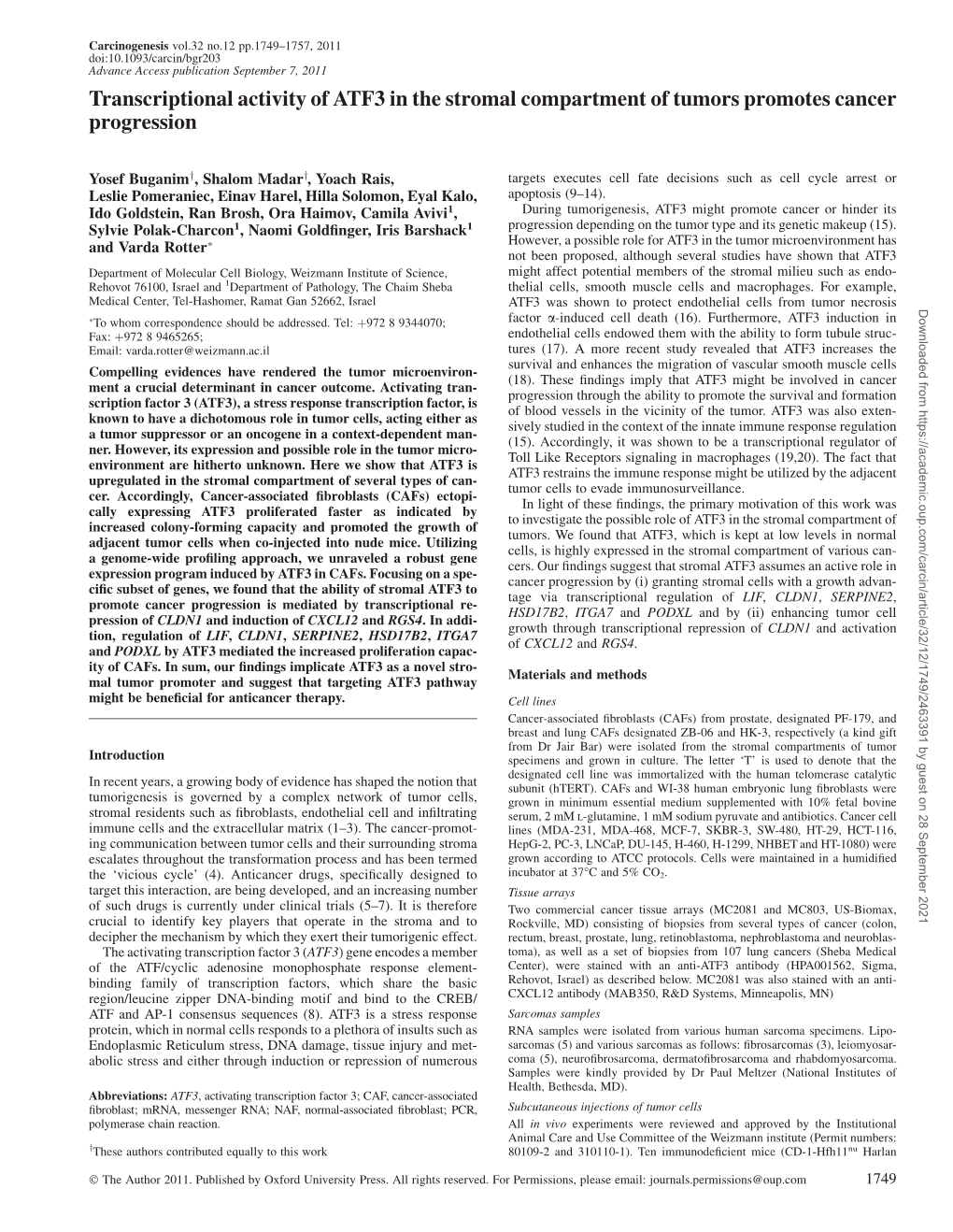 Transcriptional Activity of ATF3 in the Stromal Compartment of Tumors Promotes Cancer Progression