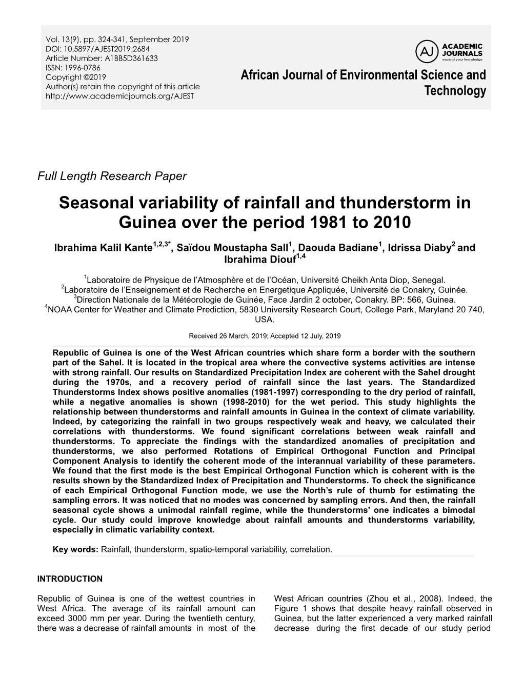 Seasonal Variability of Rainfall and Thunderstorm in Guinea Over the Period 1981 to 2010