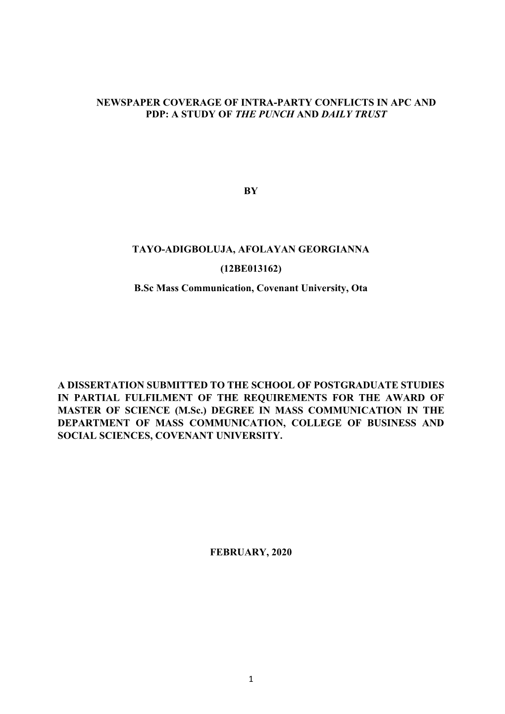 Newspaper Coverage of Intra-Party Conflicts in Apc and Pdp: a Study of the Punch and Daily Trust