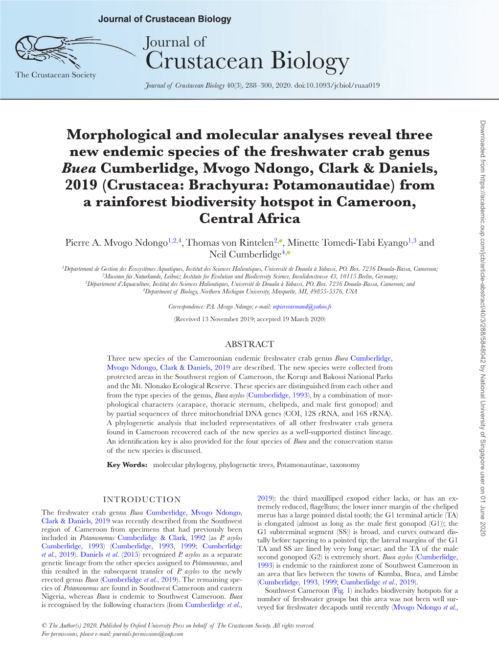Crustacean Biology Journal of Crustacean Biology the Crustacean Society Journal of Crustacean Biology 40(3), 288–300, 2020