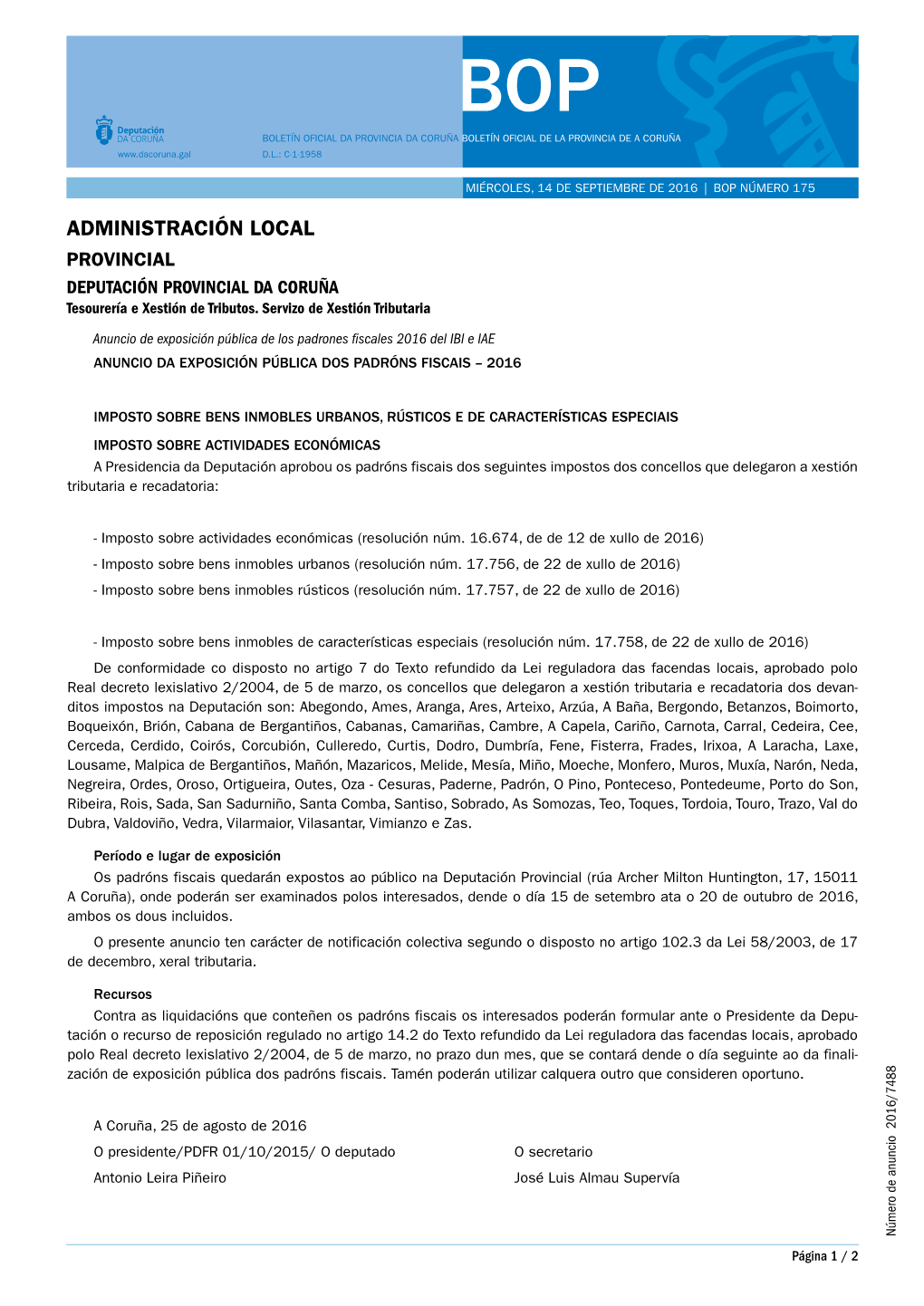 Administración Local Provincial Deputación Provincial Da Coruña Tesourería E Xestión De Tributos