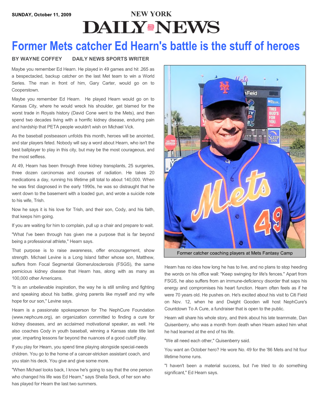 Former Mets Catcher Ed Hearn's Battle Is the Stuff of Heroes by WAYNE COFFEY DAILY NEWS SPORTS WRITER