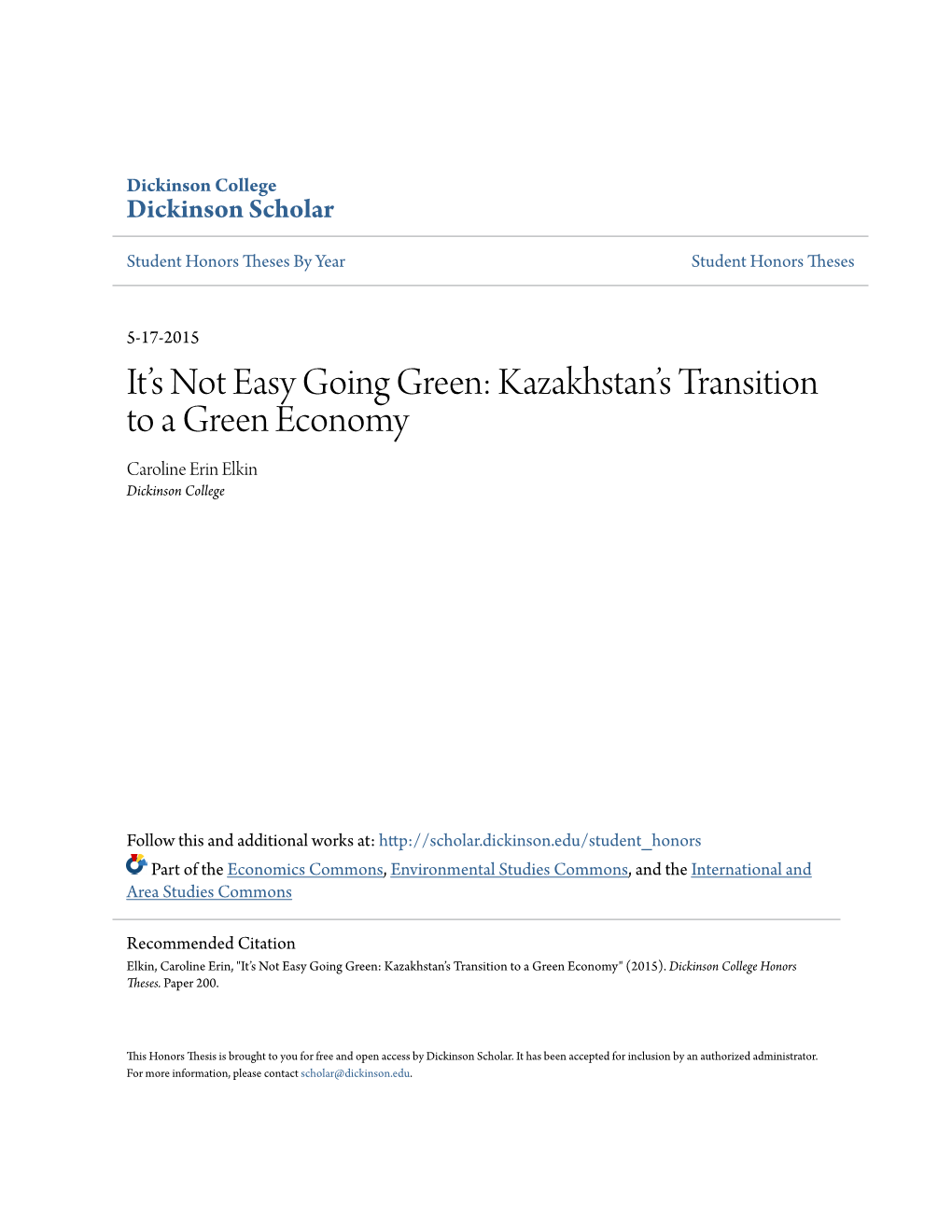 Kazakhstan's Transition to a Green Economy