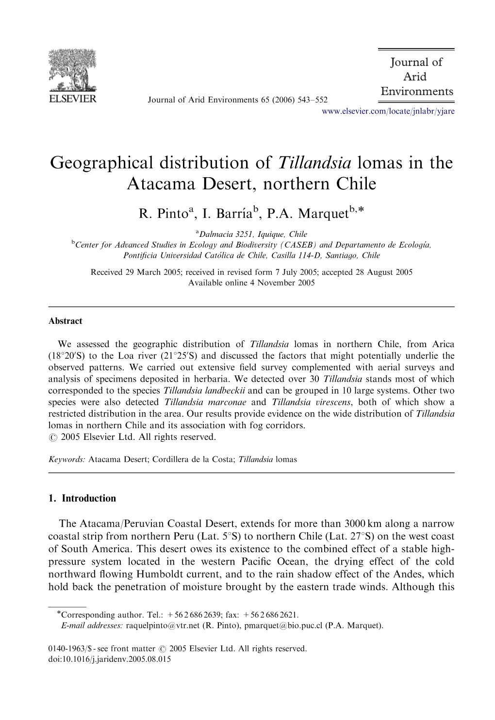 Geographical Distribution of Tillandsia Lomas in the Atacama Desert, Northern Chile