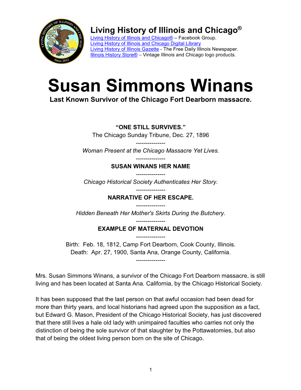 Susan Simmons Winans Last Known Survivor of the Chicago Fort Dearborn Massacre