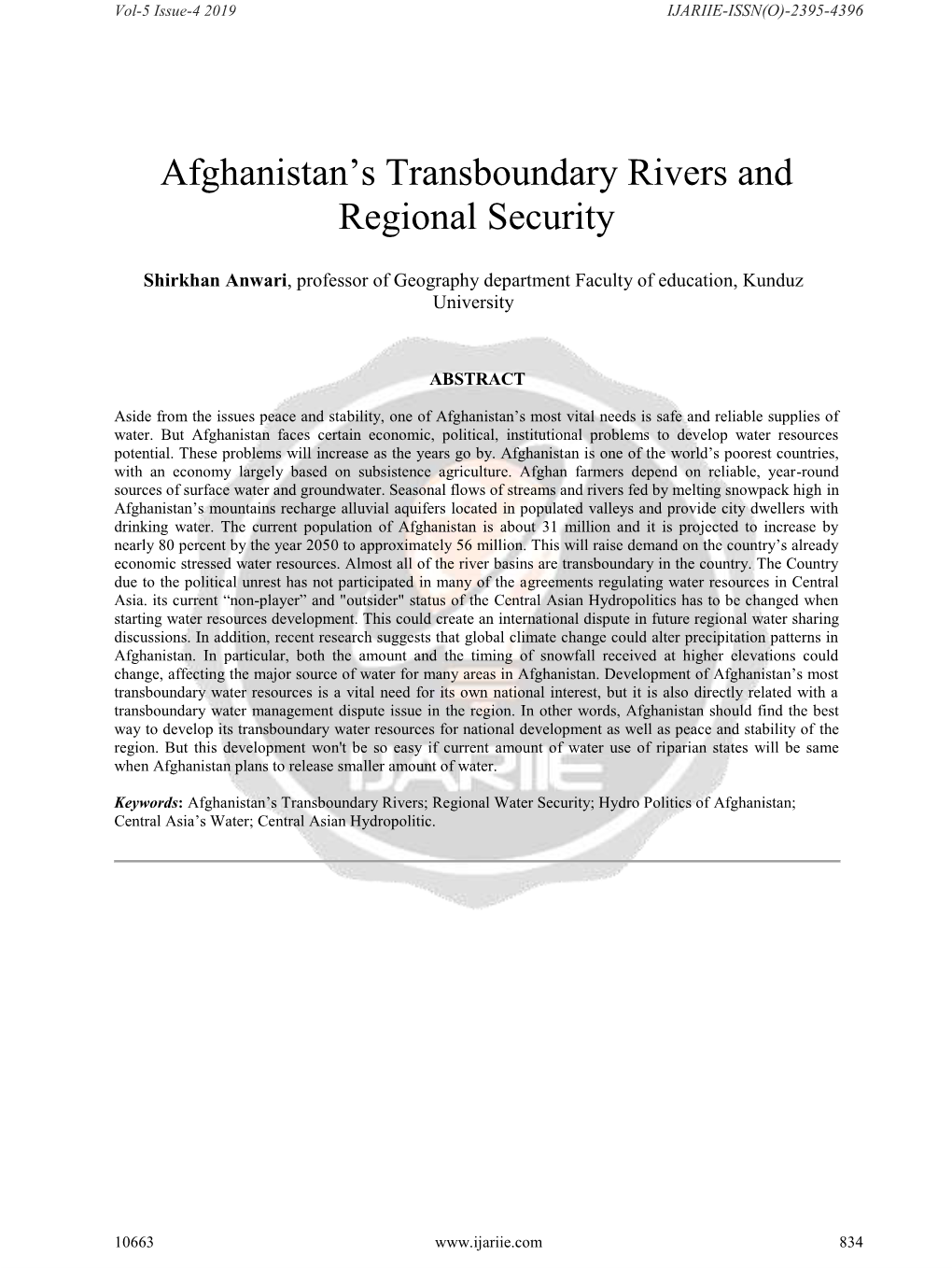 Afghanistan's Transboundary Rivers and Regional Security