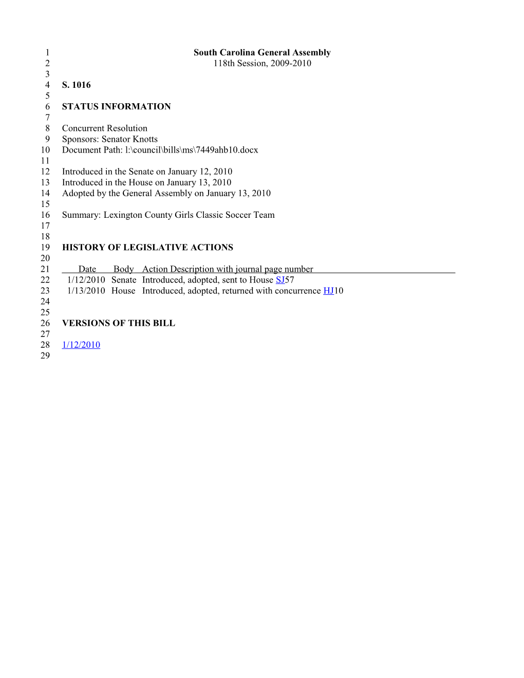 2009-2010 Bill 1016: Lexington County Girls Classic Soccer Team - South Carolina Legislature