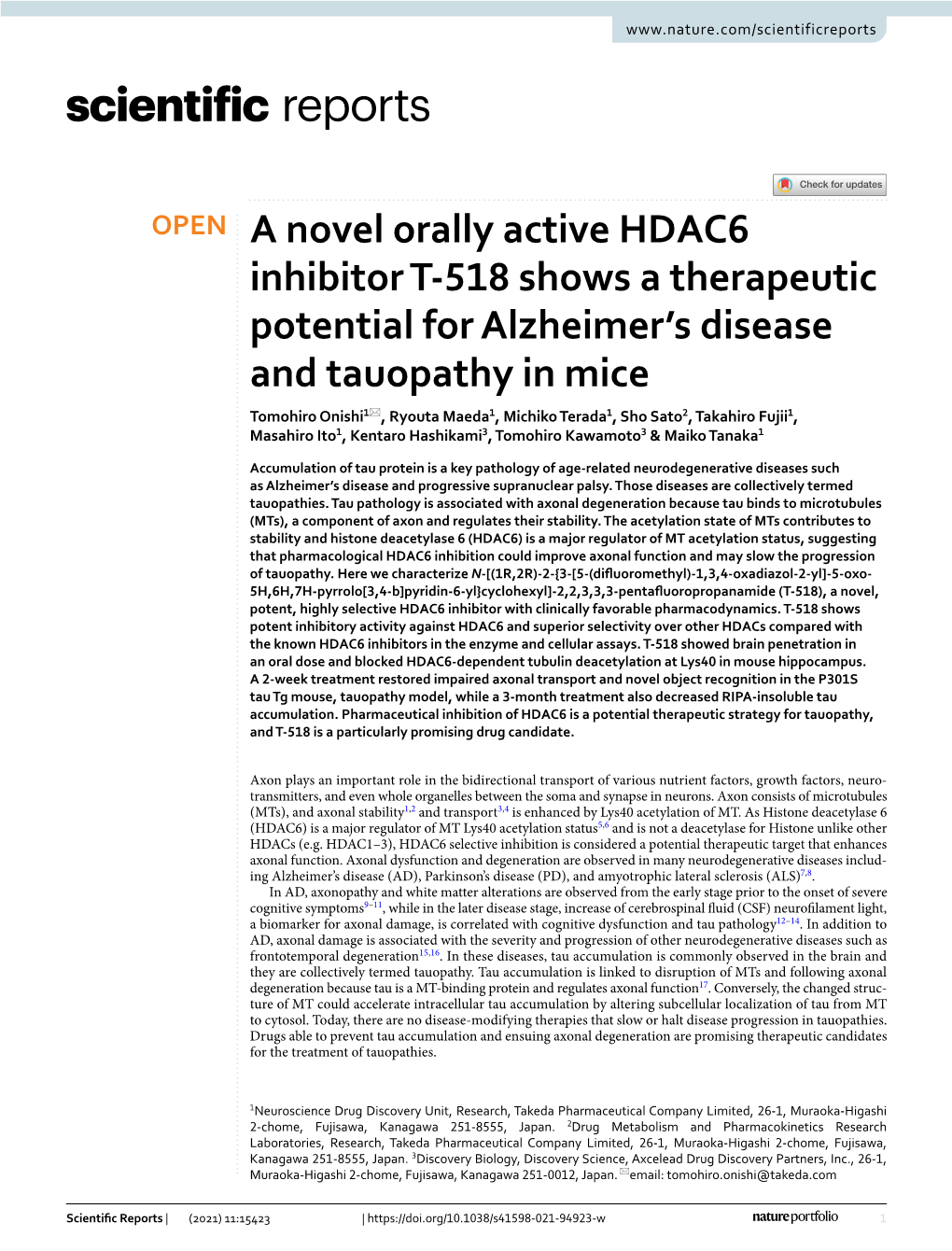 A Novel Orally Active HDAC6 Inhibitor T-518 Shows a Therapeutic Potential