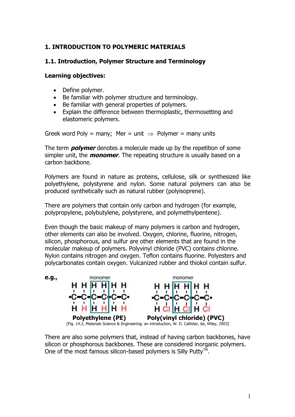 1.1. Introduction, Polymer Structure and Terminology