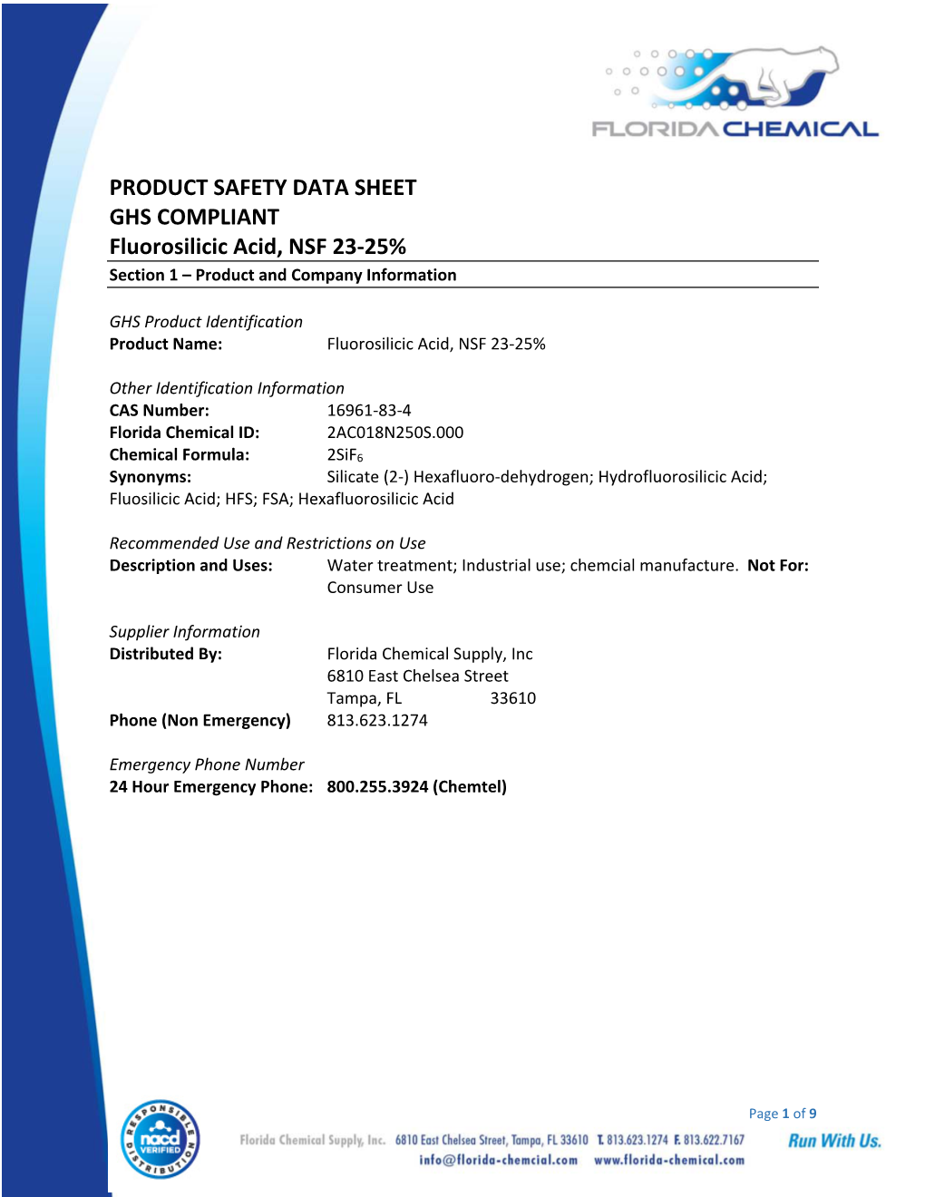 PRODUCT SAFETY DATA SHEET GHS COMPLIANT Fluorosilicic Acid, NSF 23‐25% Section 1 – Product and Company Information