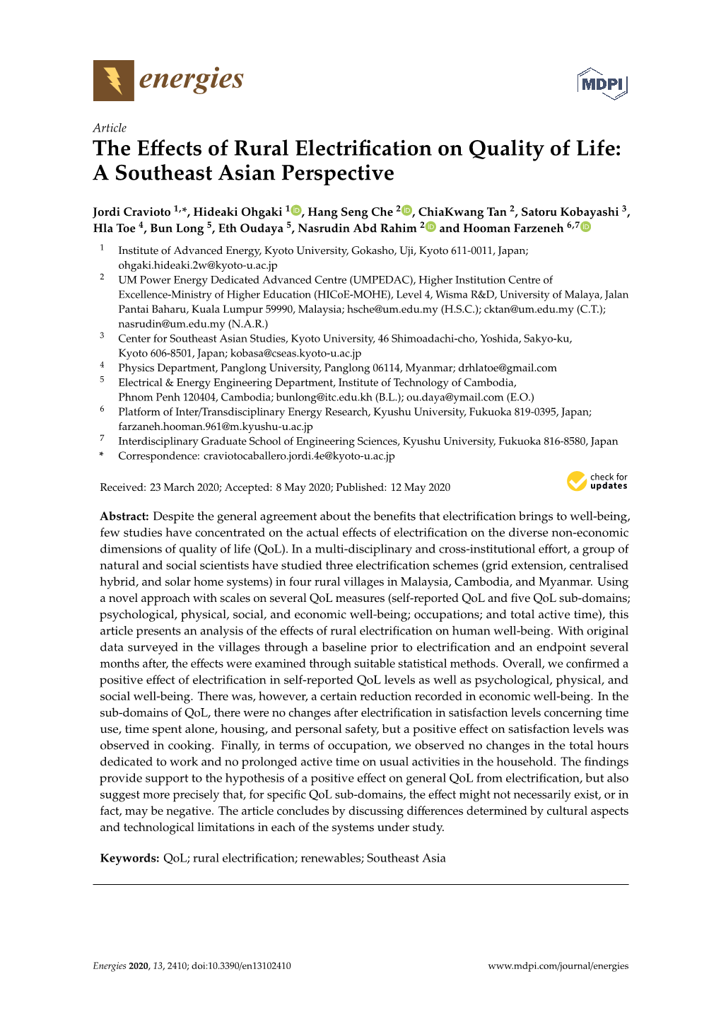 The Effects of Rural Electrification on Quality of Life: a Southeast Asian