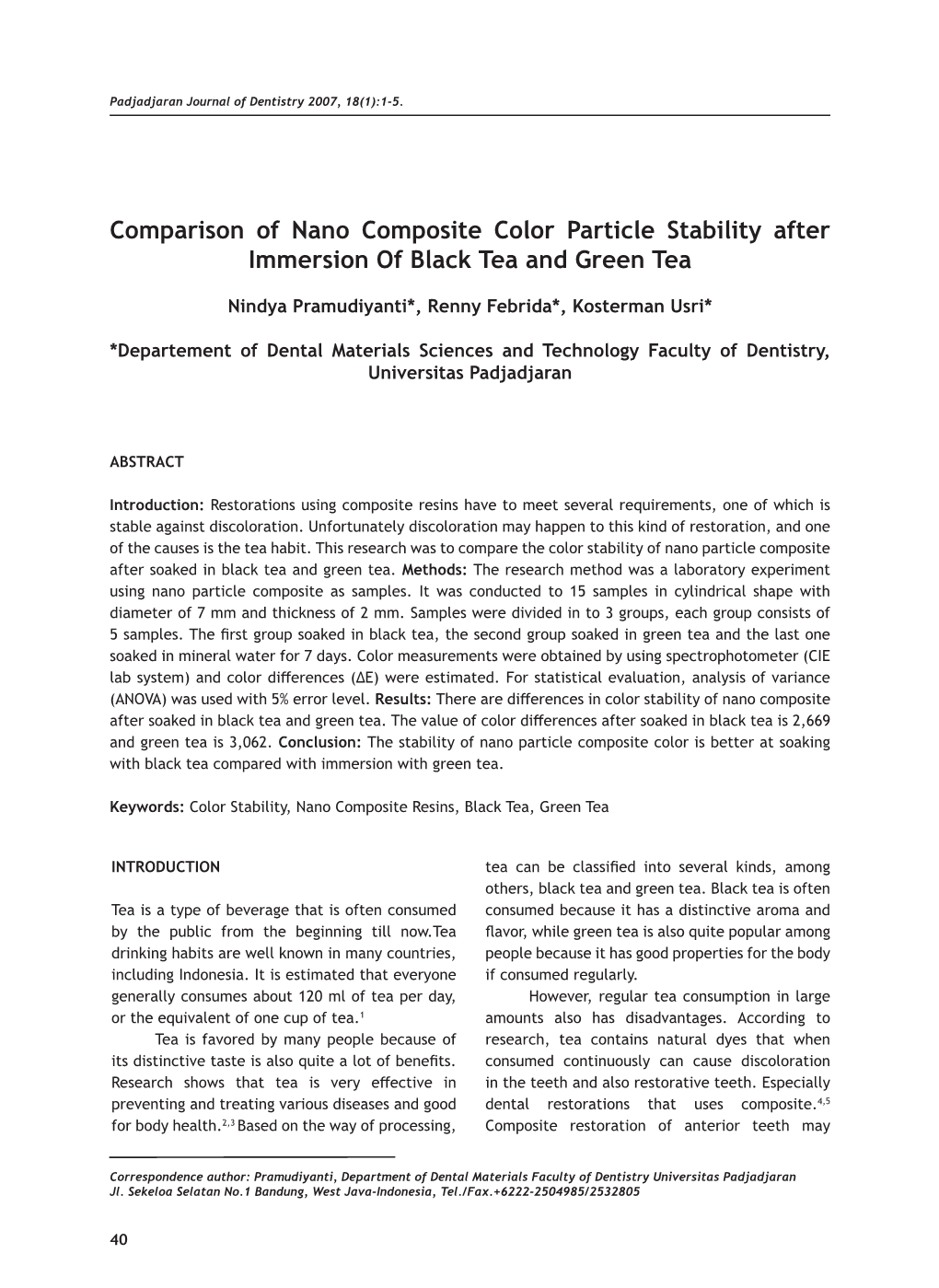 Comparison of Nano Composite Color Particle Stability After Immersion of Black Tea and Green Tea