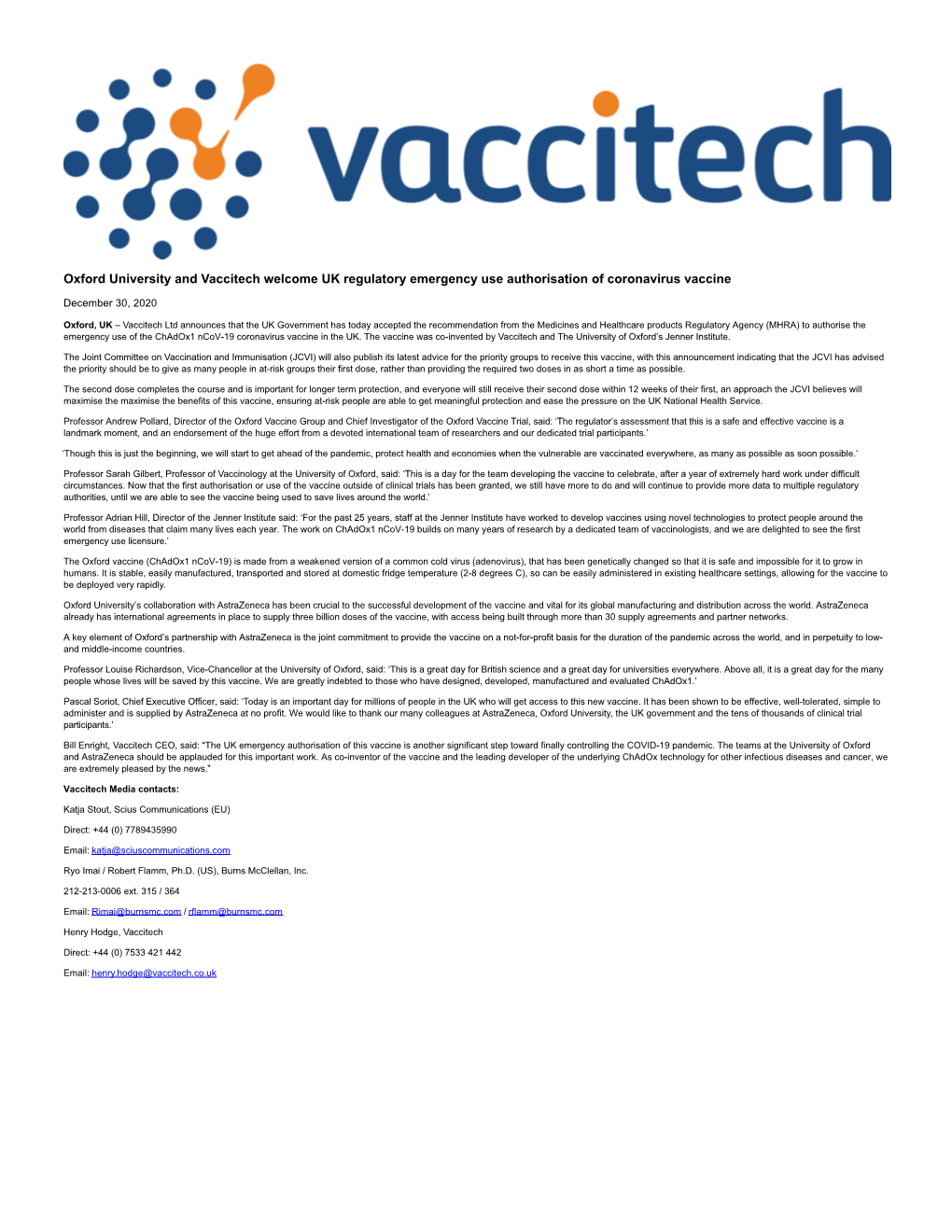 Oxford University and Vaccitech Welcome UK Regulatory Emergency Use Authorisation of Coronavirus Vaccine