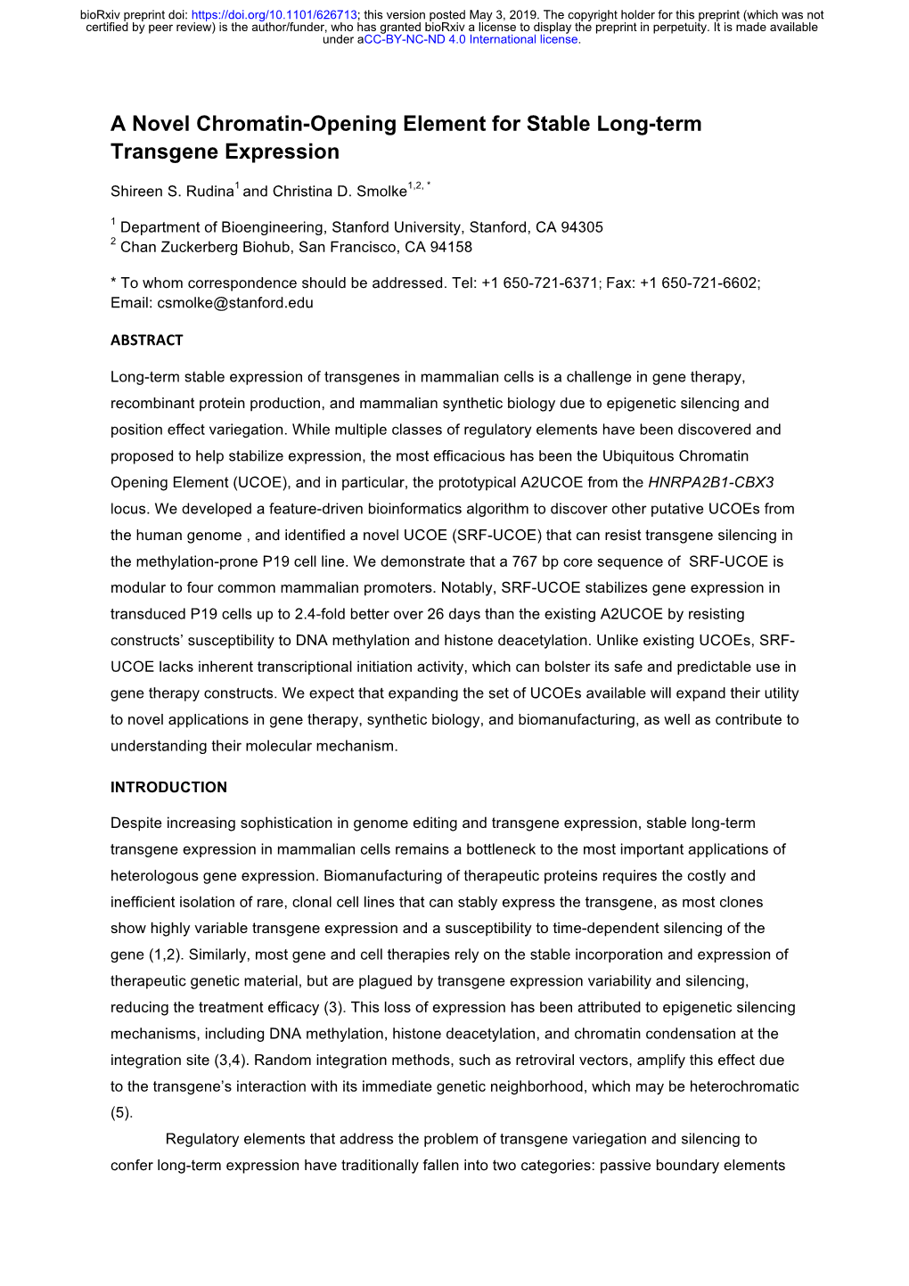 A Novel Chromatin-Opening Element for Stable Long-Term Transgene Expression