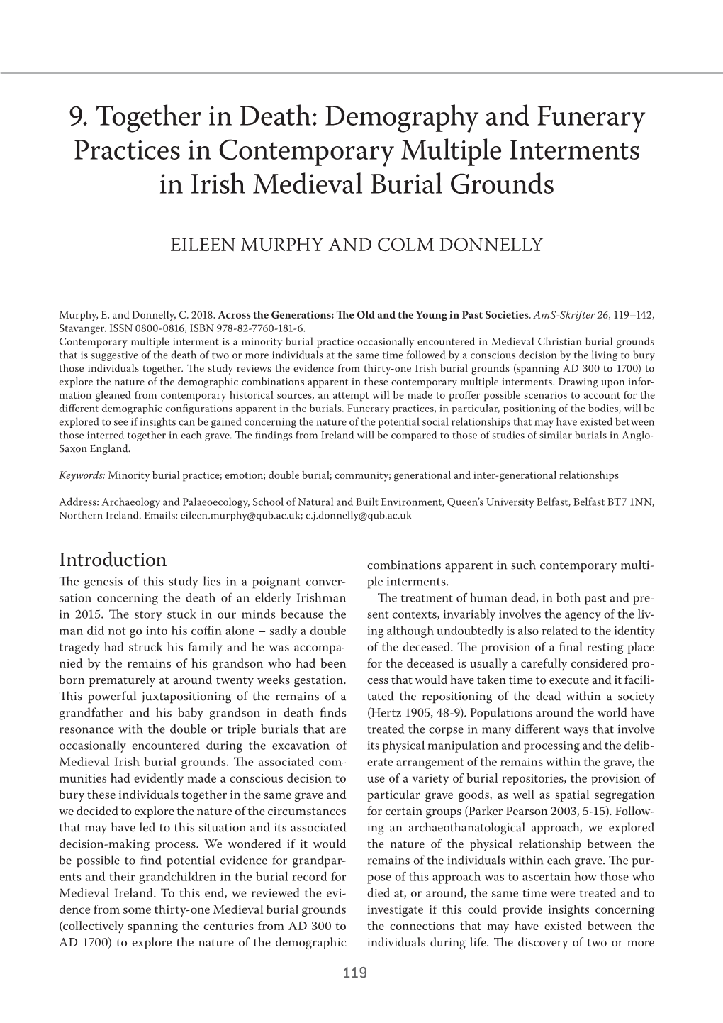 Demography and Funerary Practices in Contemporary Multiple Interments in Irish Medieval Burial Grounds