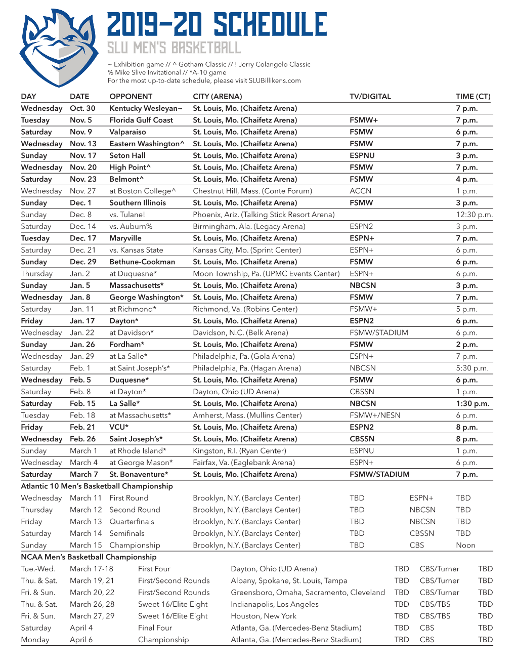 2019-20 Schedule