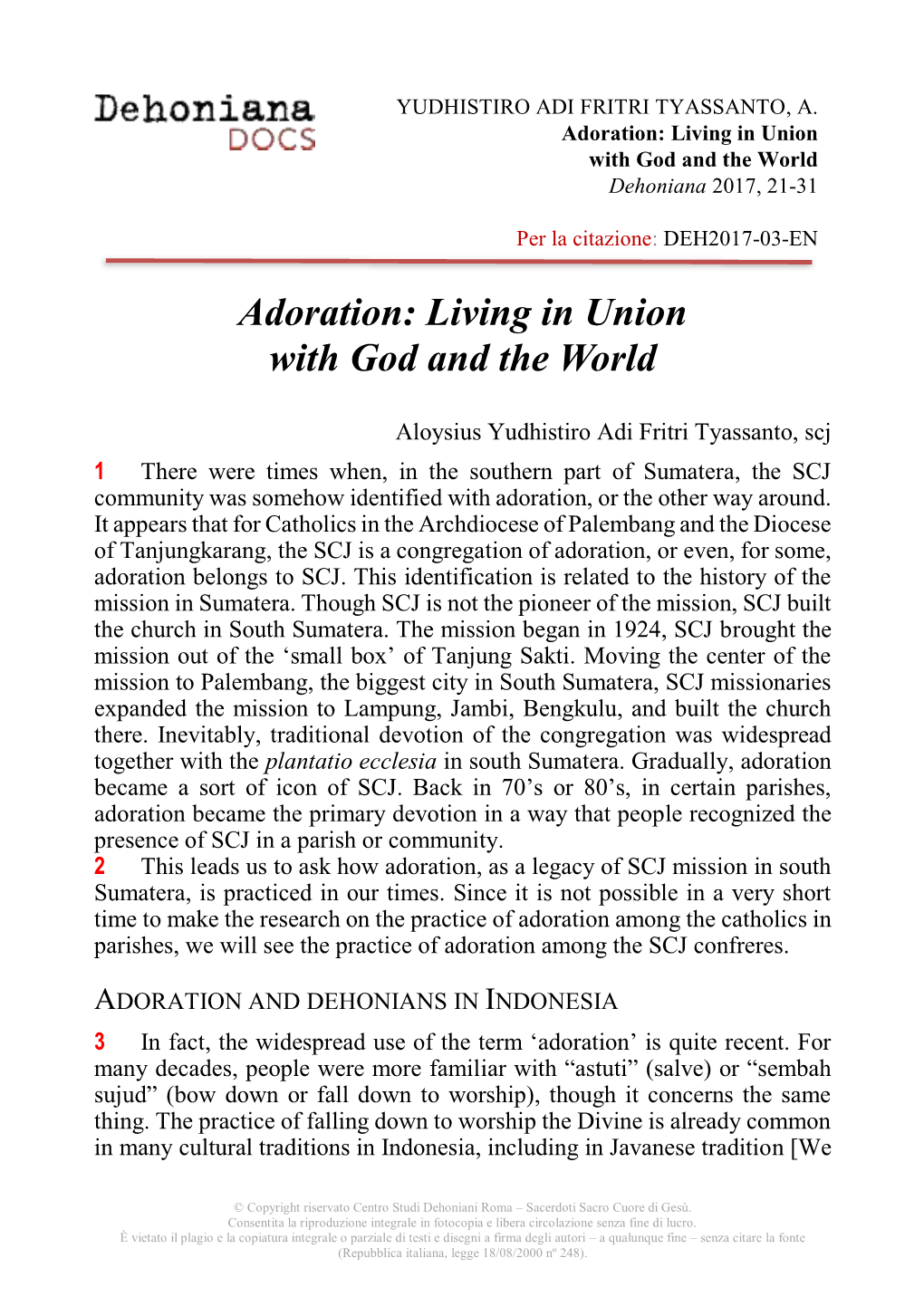 Adoration: Living in Union with God and the World Dehoniana 2017, 21-31