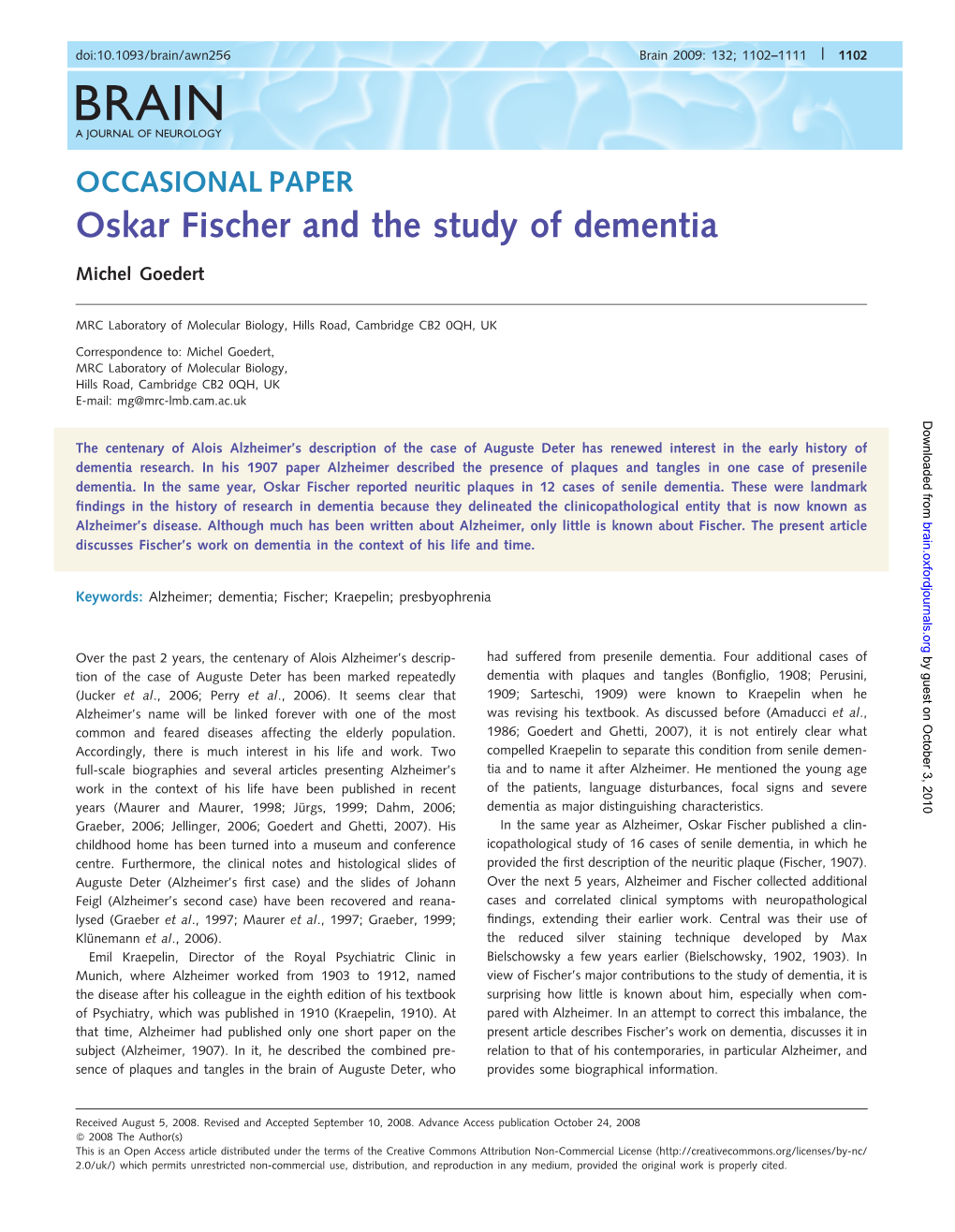 Oskar Fischer and the Study of Dementia