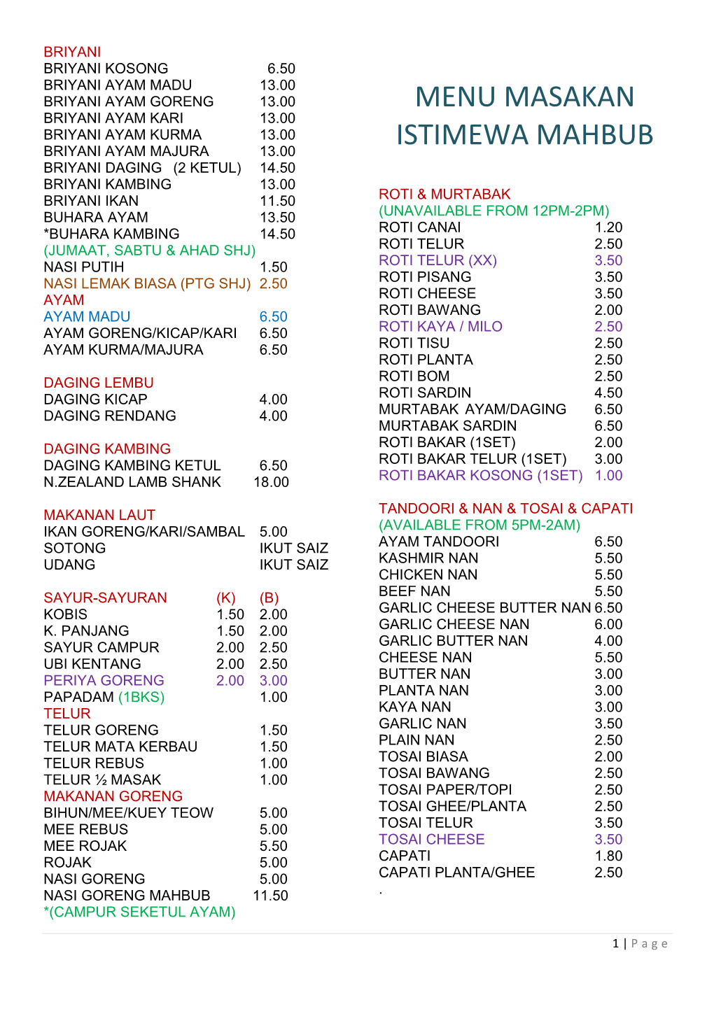 Menu Masakan Istimewa Mahbub