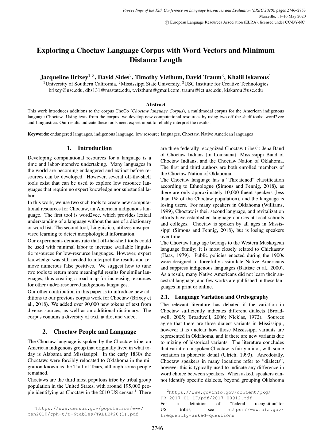 Exploring a Choctaw Language Corpus with Word Vectors and Minimum Distance Length