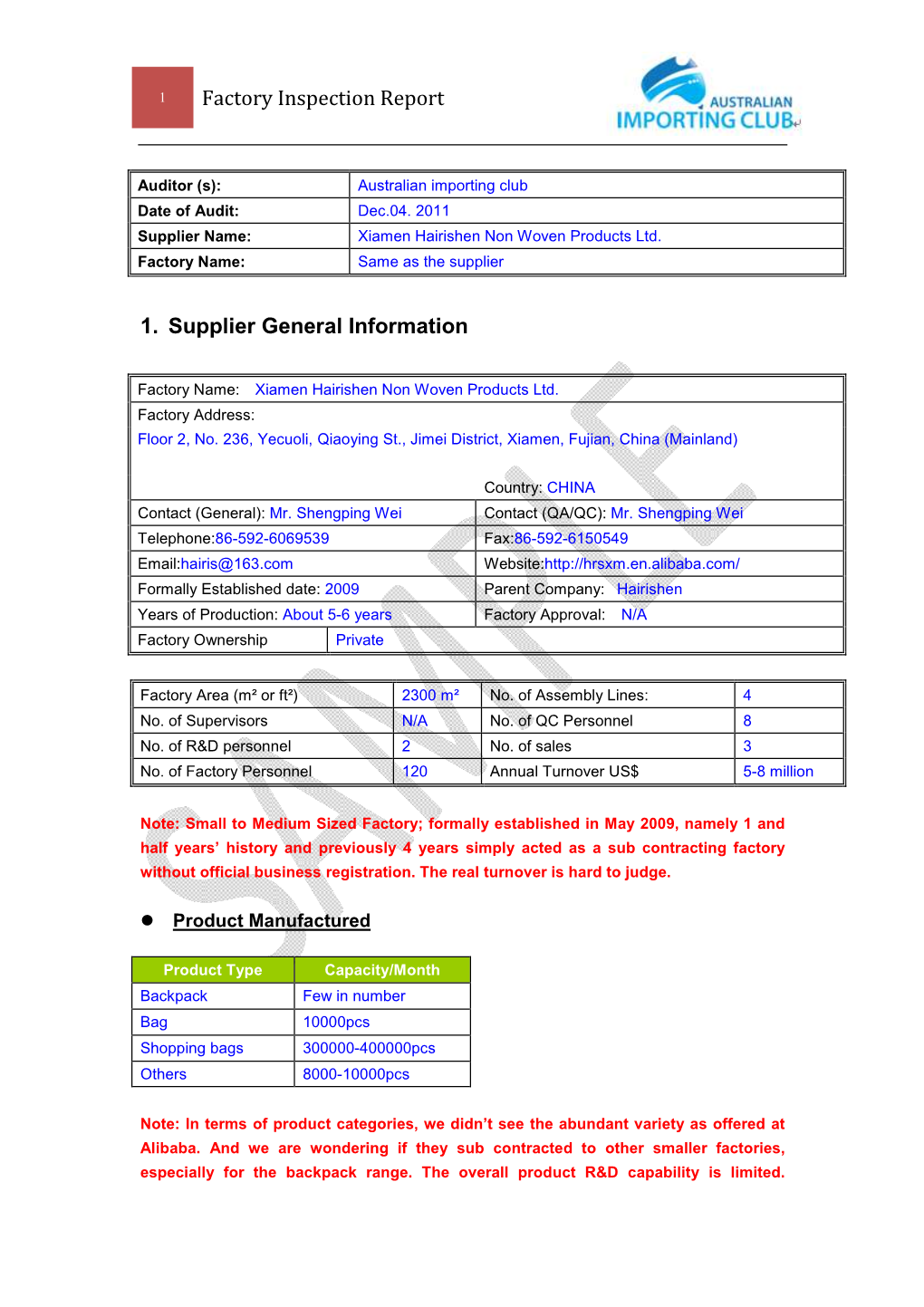 Factory Inspection Report 1. Supplier General Information