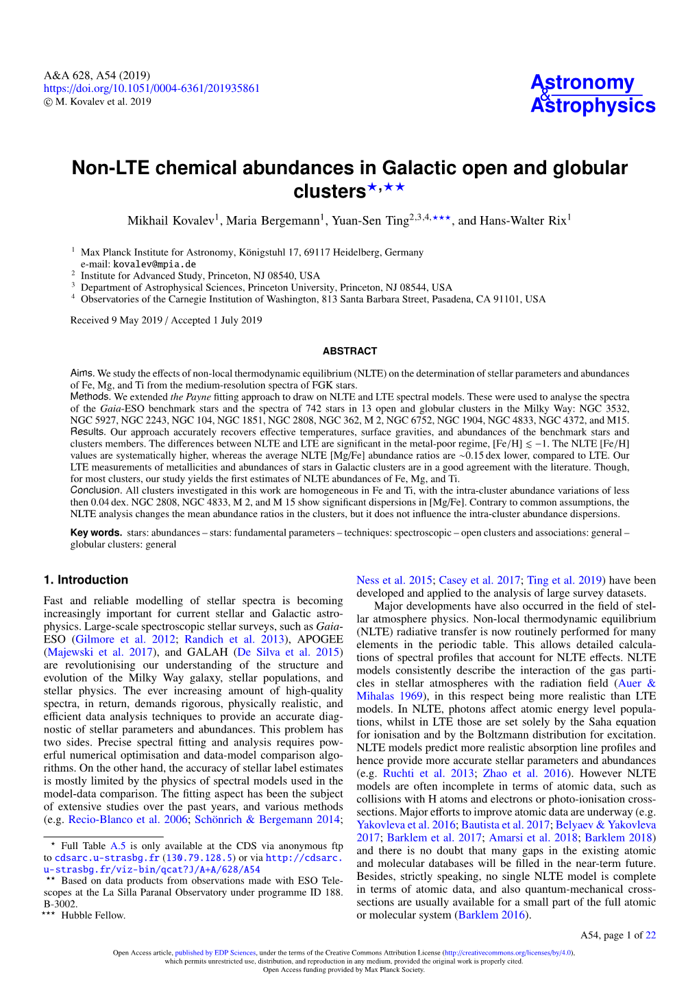 Non-LTE Chemical Abundances in Galactic Open and Globular Clusters?,?? Mikhail Kovalev1, Maria Bergemann1, Yuan-Sen Ting2,3,4, ???, and Hans-Walter Rix1