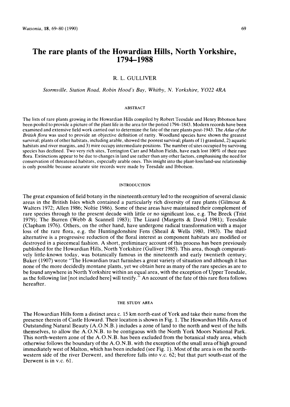 The Rare Plants of the Howardian Hills, North Yorkshire, 1794-1988