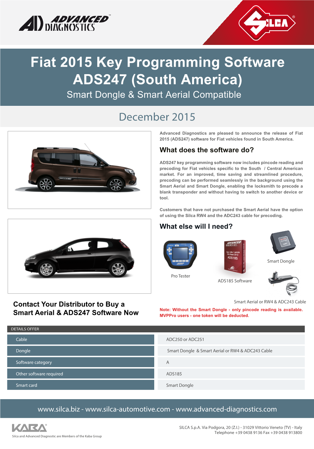 Fiat 2015 Key Programming Software ADS247 (South America) Smart Dongle & Smart Aerial Compatible December 2015