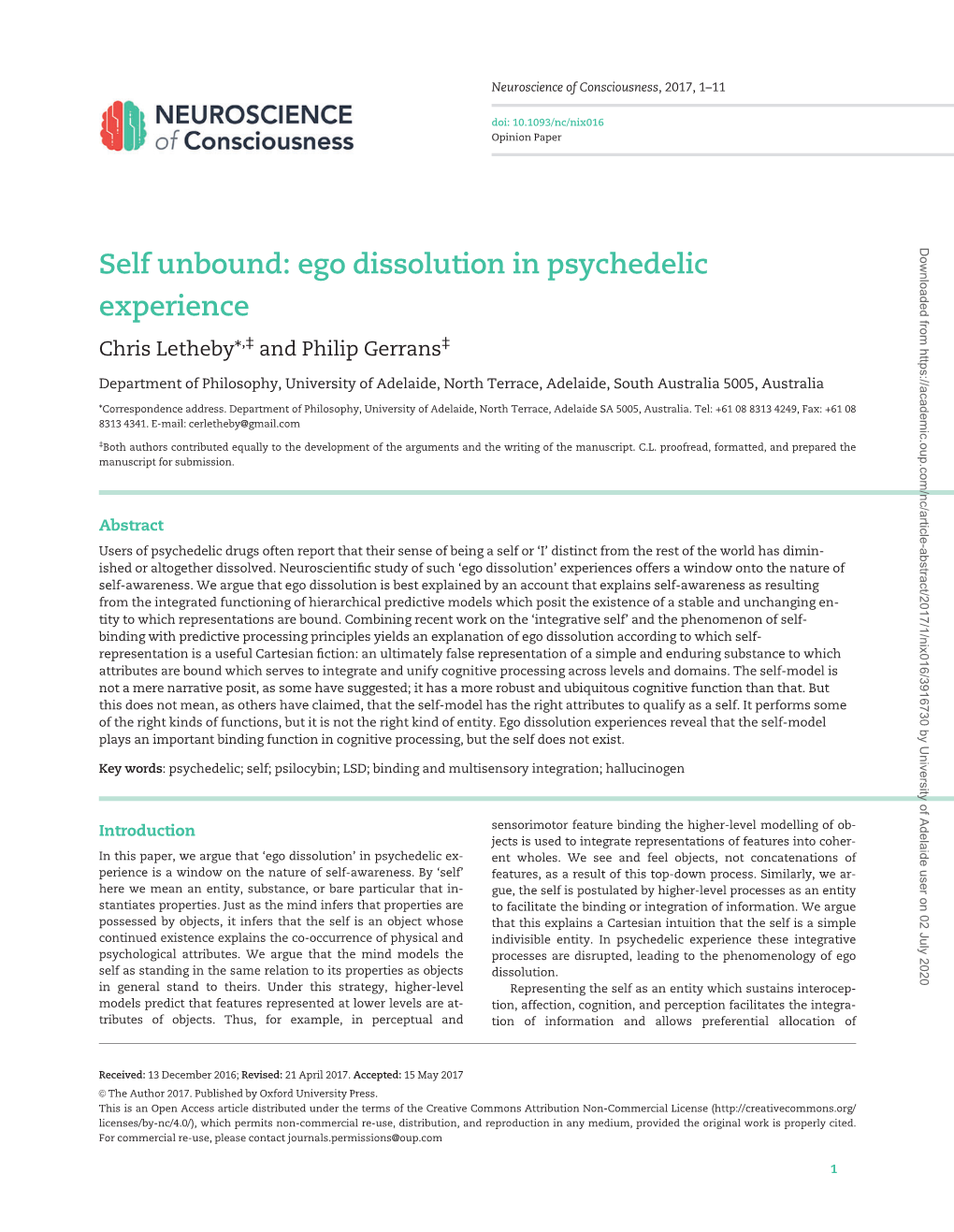 Ego Dissolution in Psychedelic Experience Chris Letheby*,‡ and Philip Gerrans‡