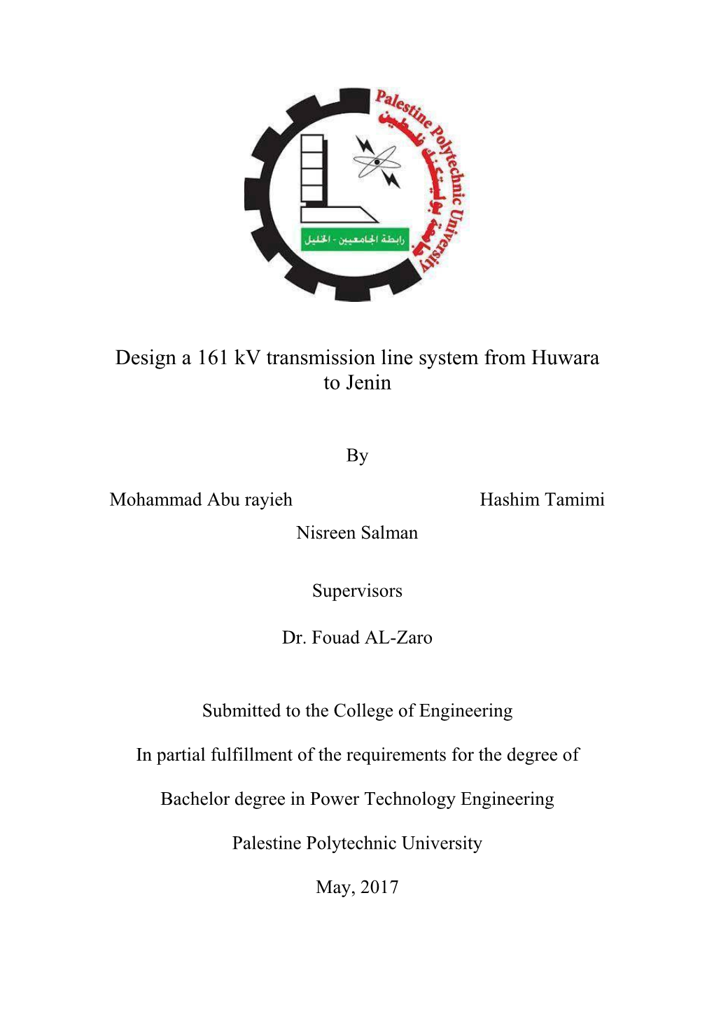 Design a 161 Kv Transmission Line System from Huwara to Jenin