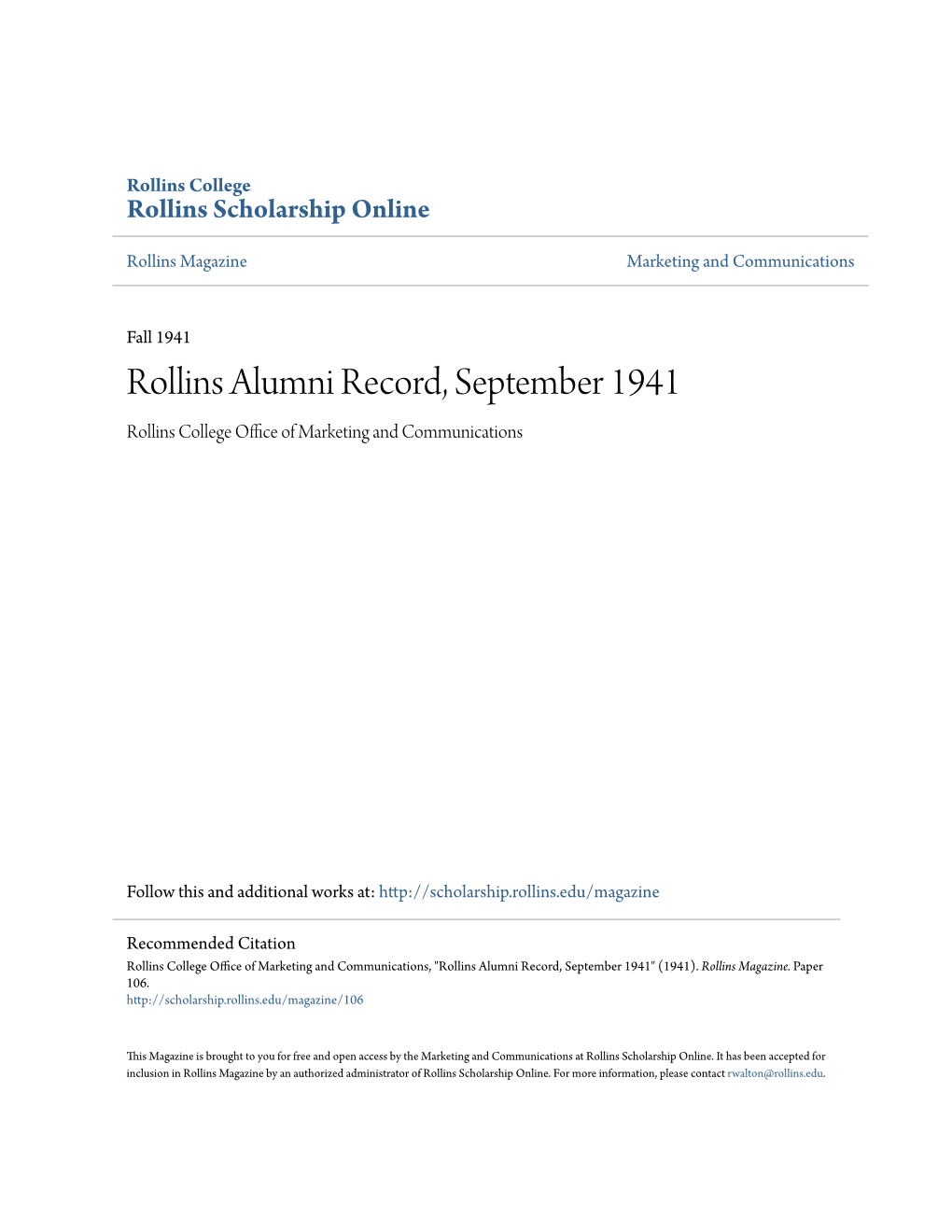 Rollins Alumni Record, September 1941 Rollins College Office Ofa M Rketing and Communications