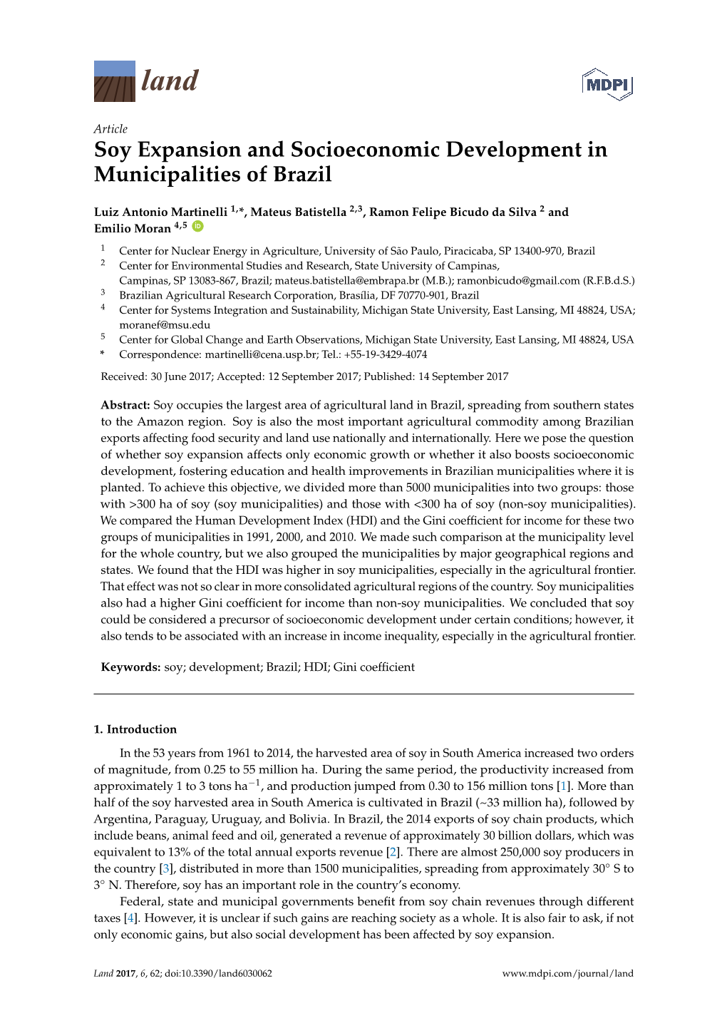 Soy Expansion and Socioeconomic Development in Municipalities of Brazil