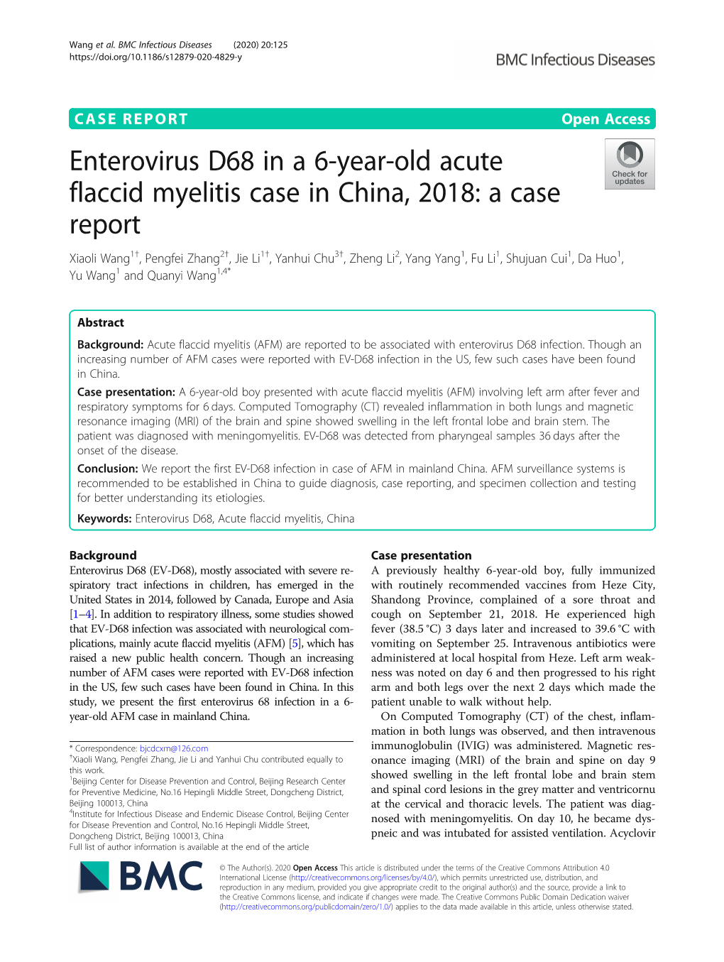 Enterovirus D68 in a 6-Year-Old Acute Flaccid Myelitis Case in China, 2018
