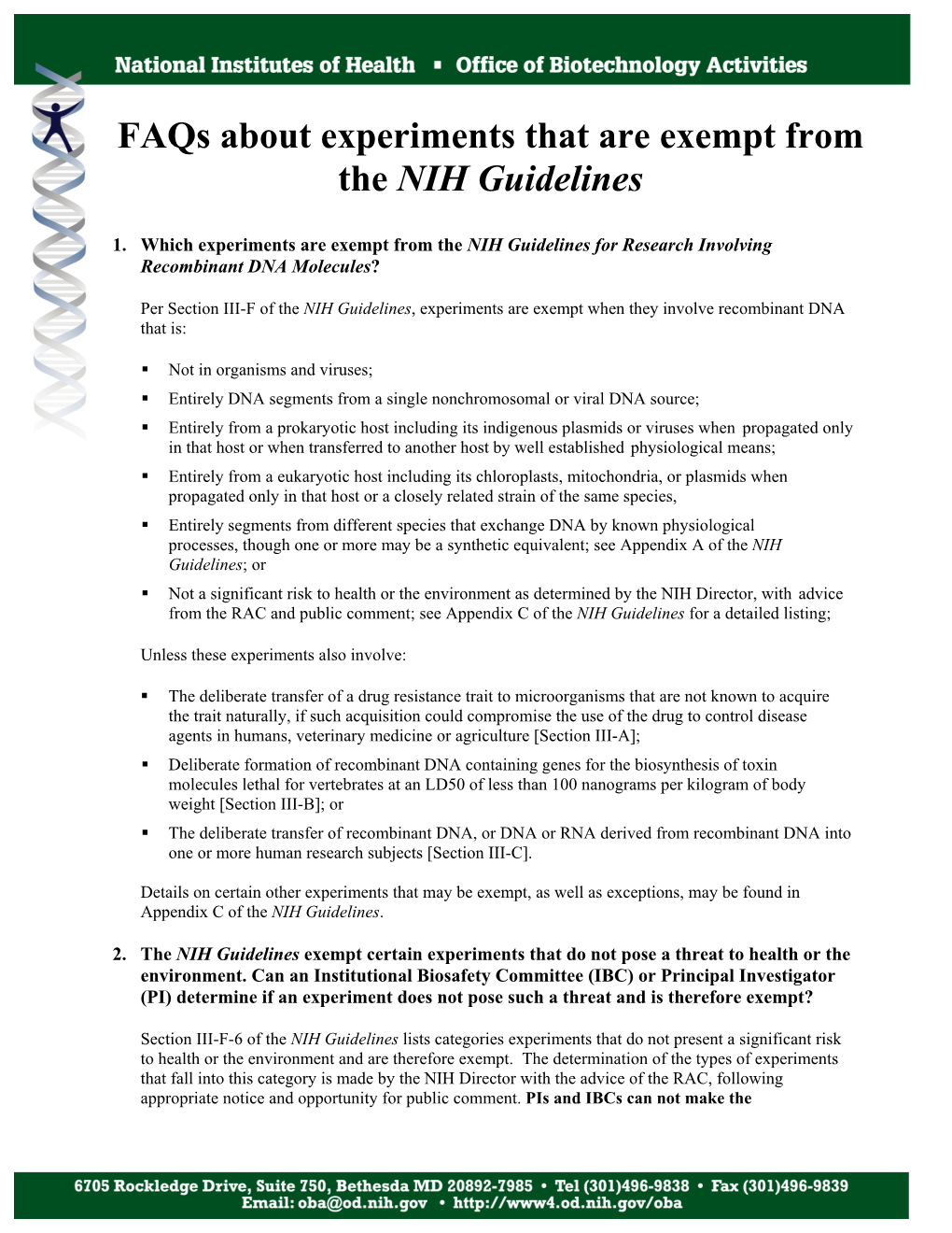 NIH OBA List of Experiments That Are Exempt from Institutional Oversight