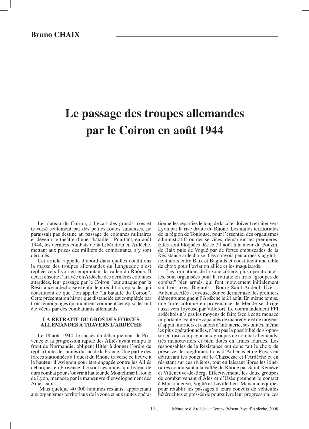 Le Passage Des Troupes Allemandes Par Le Coiron En Août 1944