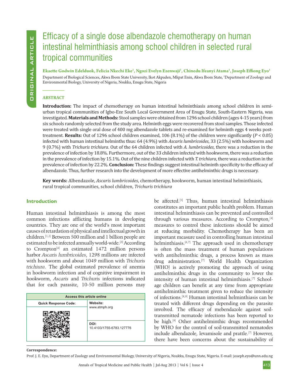 Efficacy of a Single Dose Albendazole Chemotherapy on Human Intestinal Helminthiasis Among School Children in Selected Rural Tropical Communities