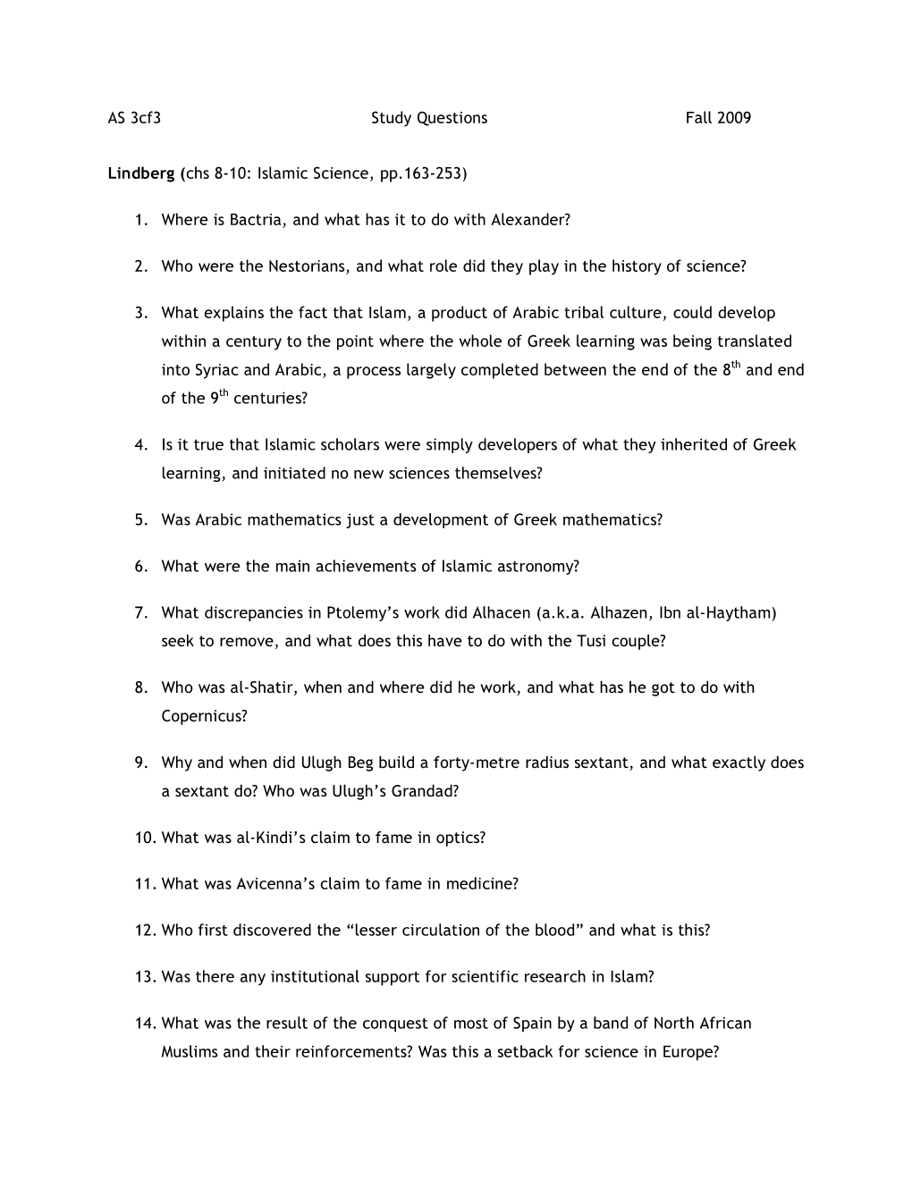 AS 3Cf3 Study Questions Fall 2009 Lindberg