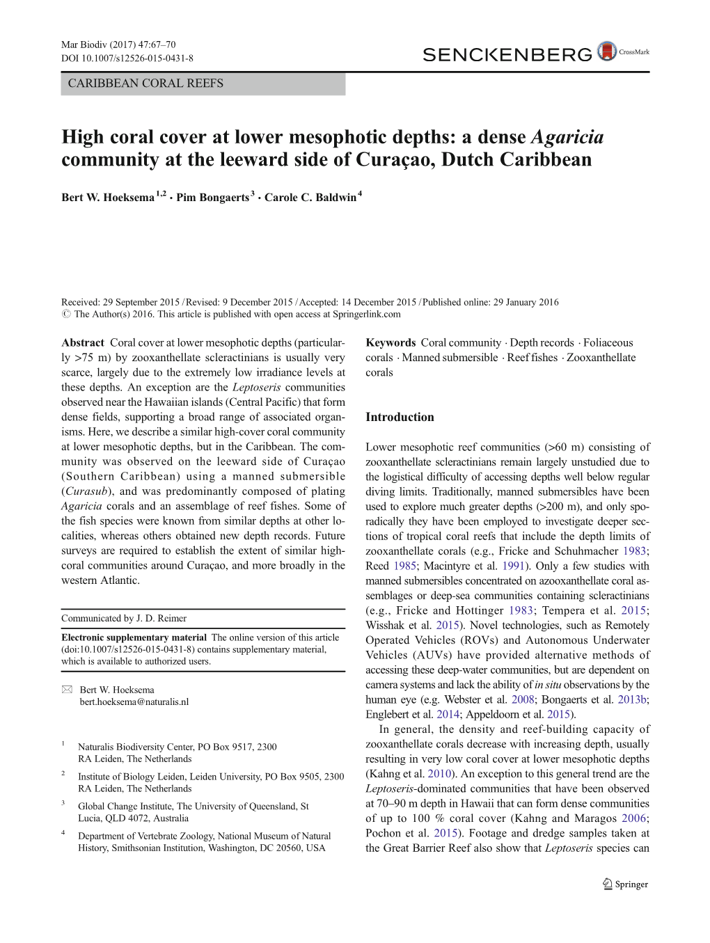 High Coral Cover at Lower Mesophotic Depths: a Dense Agaricia Community at the Leeward Side of Curaçao, Dutch Caribbean