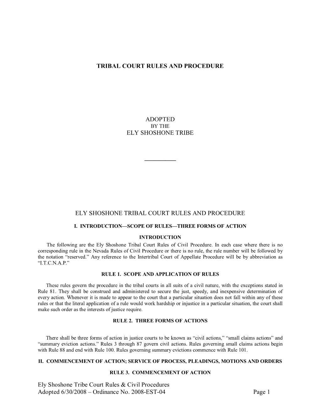 Ely Shoshone Tribe Court Rules & Civil Procedures Adopted 6/30/2008