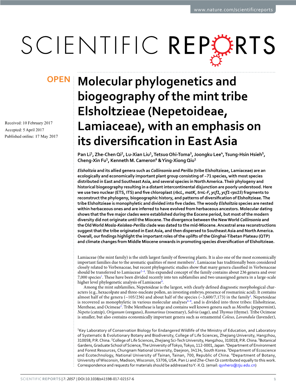 Molecular Phylogenetics and Biogeography of the Mint Tribe Elsholtzieae (Nepetoideae, Lamiaceae), with an Emphasis on Its Divers