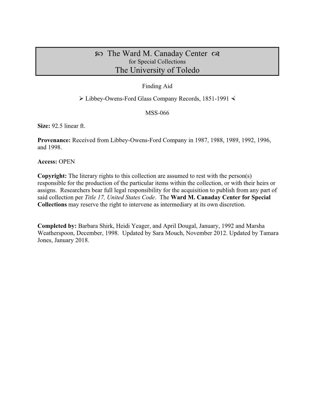 Libbey-Owens-Ford Glass Company Records, 1851-1991, MSS-066