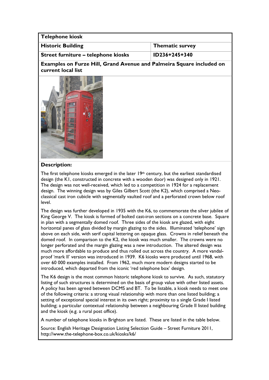 Telephone Kiosk Historic Building Thematic Survey Street Furniture